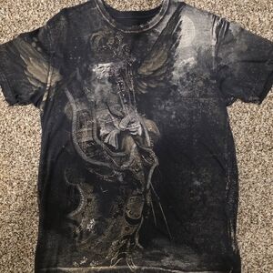 Affliction Black Tee Distressed with Metallic Gold Label Print